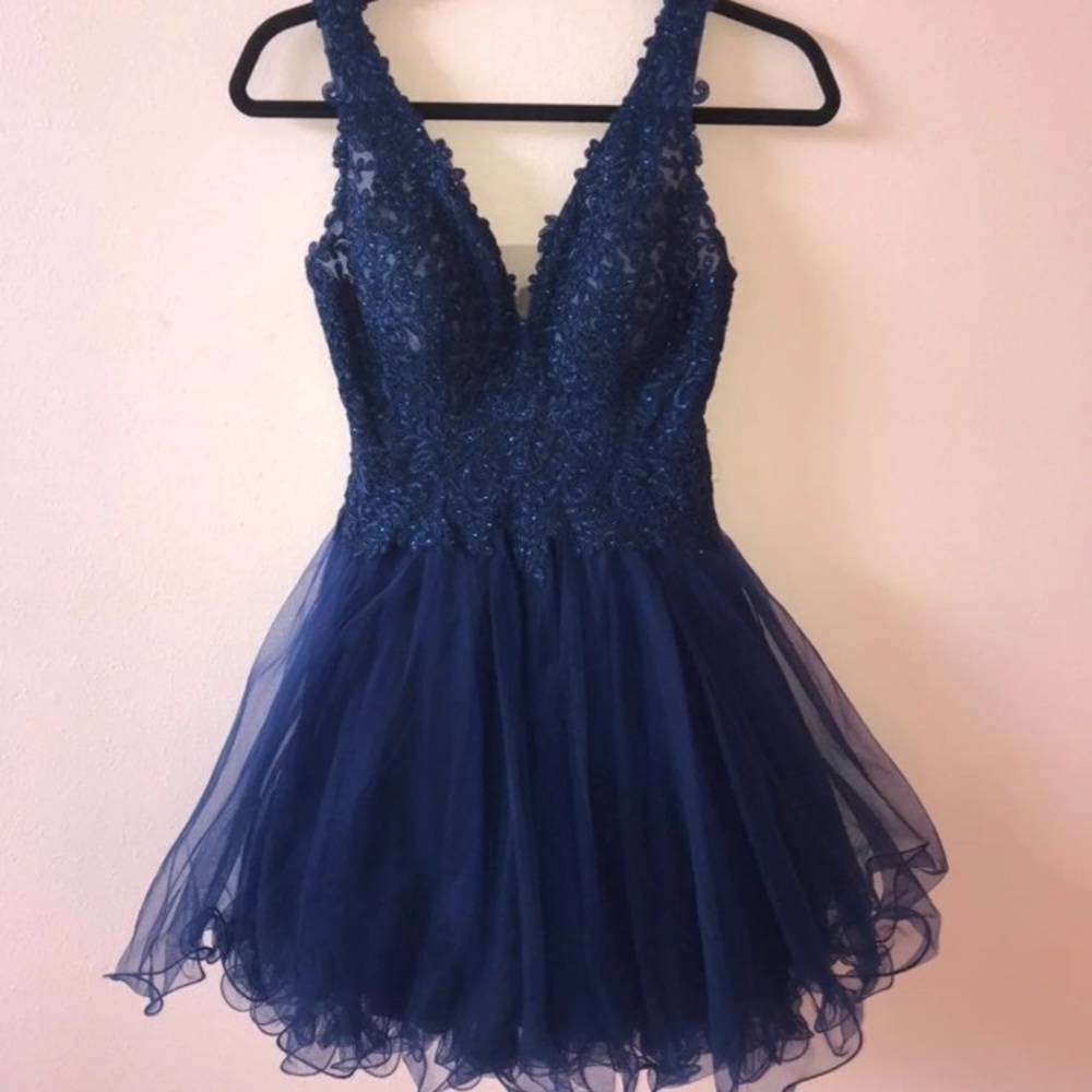 Navy Blue Honecoming Dress with Lace and Tule